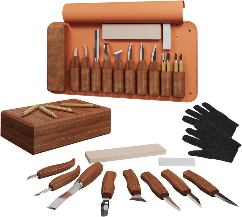 RexTact Store Wood Carving Kit Deluxe Hand Carving Tool Set, 16 Wood Whittling Kit High-Carbon Steel, Wood Art Tools 8 Whittling Knives & 4 Detail Carving Knives for Beginner &Professional Christmas Gift - Image 2